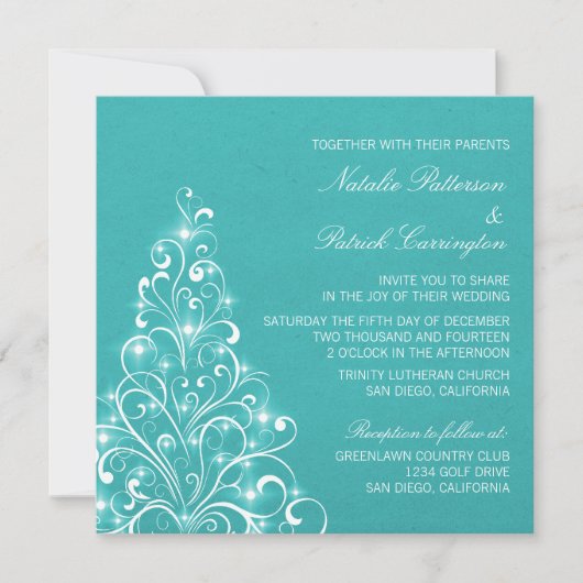 Sparkly Holiday Tree Wedding Invite, Aqua Kaart (Voorkant)