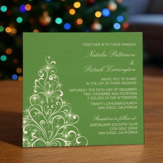 Sparkly Holiday Tree Wedding Invite, Green Kaart