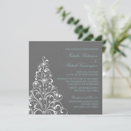 Sparkly Holiday Tree Wedding Invite, Grey Kaart (Staand voorkant)