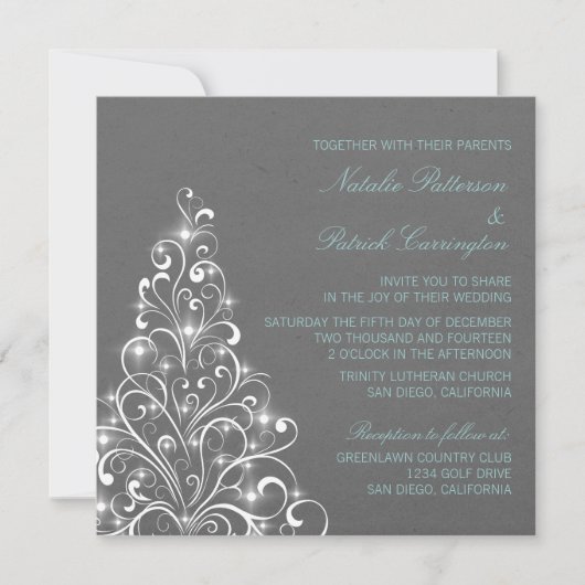 Sparkly Holiday Tree Wedding Invite, Grey Kaart (Voorkant)