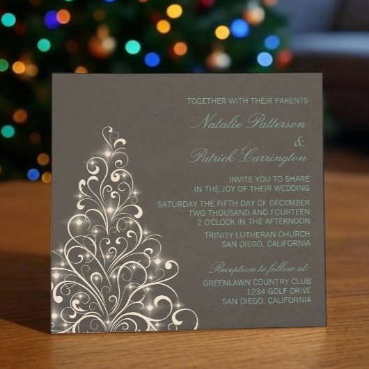 Sparkly Holiday Tree Wedding Invite, Grey Kaart