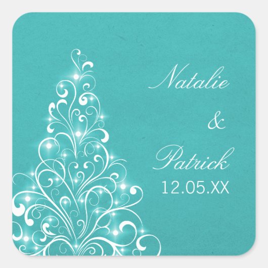 Sparkly Holiday Tree Wedding Stickers, Aqua Vierkante Sticker (Voorkant)