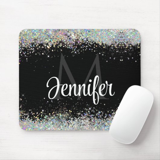 Sparkly Holographic Gold Glitter Monogram Black Muismat (Met muis)