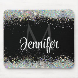 Sparkly Holographic Gold Glitter Monogram Black Muismat