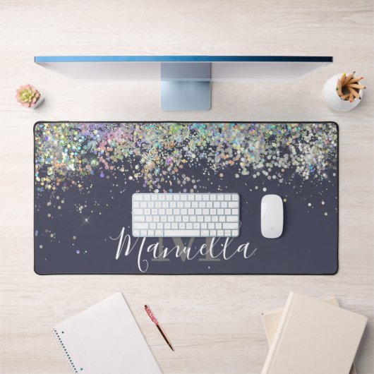Sparkly Holographic Roos Gold Glitter Monogram Bureaumat (Kantoor 1)