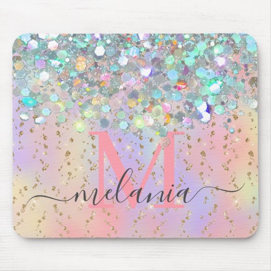 Sparkly Holographic Roos Gold Glitter Monogram Muismat (Voorkant)