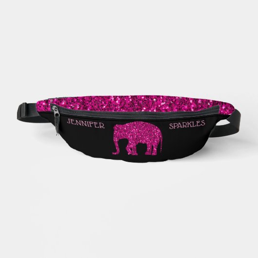 Sparkly hot pink Elephant Custom naam zwart Heuptasje (Voorkant)