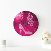 Sparkly Hot Pink Music Note & Stiletto Heel Grote Klok (Huis)