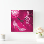 Sparkly Hot Pink Music Note & Stiletto Hiel Vierkante Klok (Huis)