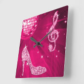 Sparkly Hot Pink Music Note & Stiletto Hiel Vierkante Klok (Hoek)