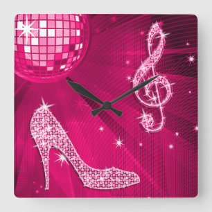 Sparkly Hot Pink Music Note & Stiletto Hiel Vierkante Klok