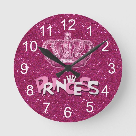 Sparkly Hot Pink Princess Glitter & Crown Ronde Klok (Voorkant)