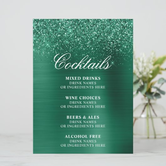 Sparkly Hunter Green Glitter Foil Cocktails Bar Menu (Staand voorkant)