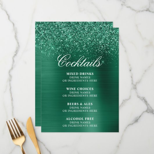 Sparkly Hunter Green Glitter Foil Cocktails Bar Menu (Voorkant / Achterkant in situ)