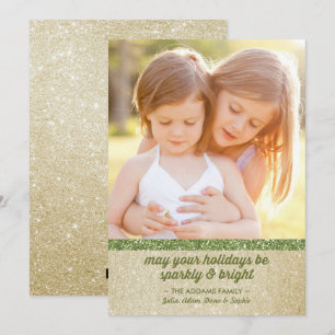 Sparkly in Green & Gold Glitter Holiday-fotokaart Feestdagenkaart