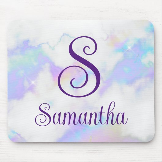 Sparkly iriserende regenboog marmer monogram naam muismat (Voorkant)