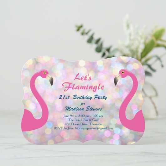 Sparkly Let's Flamingle Verjaardagsfeestje Uitnodi Kaart (Staand voorkant)