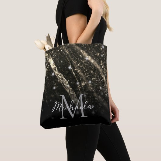 Sparkly lijn goud zwart chic abstract Monogram Tote Bag (Dichtbij)
