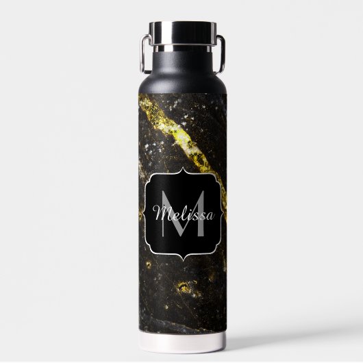 Sparkly lijn goud zwart chic abstract Monogram Waterfles (Voorkant)