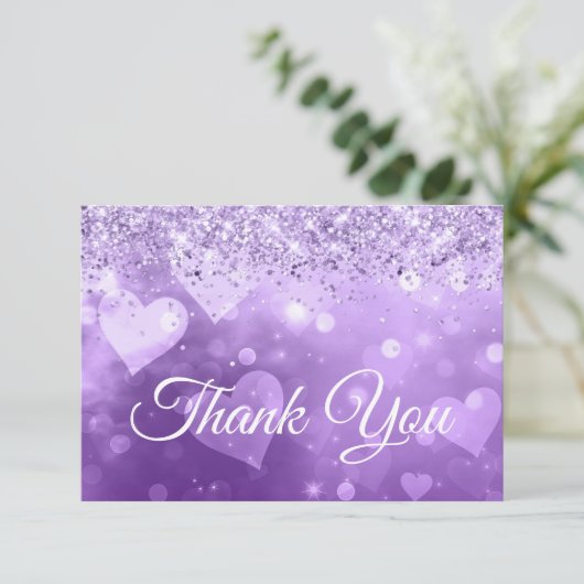 Sparkly Lila Glitter Paarse Gradiënt Harten Bedankkaart (Staand voorkant)