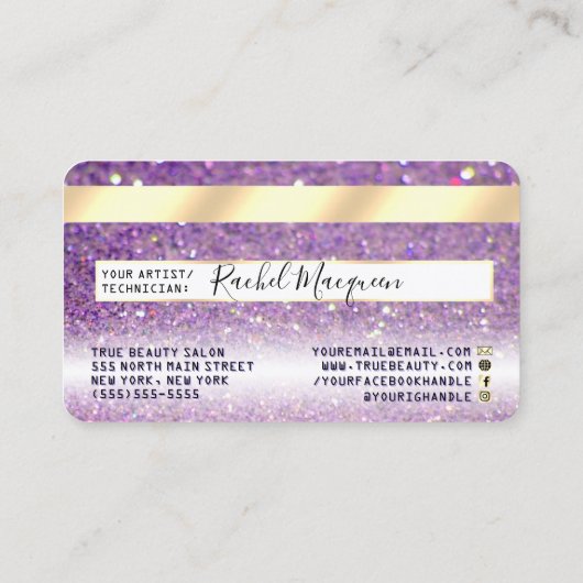 Sparkly Lila Paars Gold Glitter Credit Visitekaartje (Achterkant)