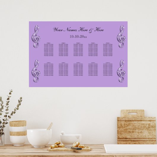 Sparkly Lila Treble Clefts Wedding Seding Chart Poster (Keuken)