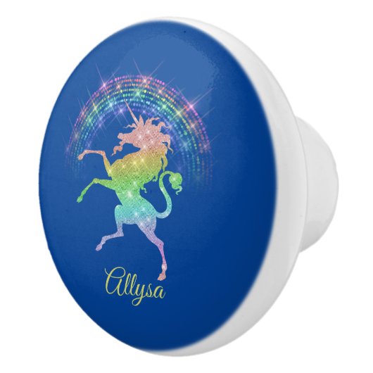 Sparkly Looking Eenhoorn met Regenboog op Blauw Keramische Knop (Rechts)