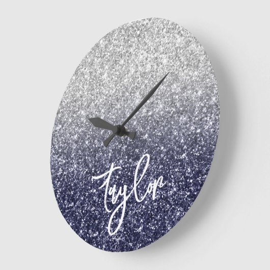 Sparkly Luxury Silver Navy Glitter Ombre Grote Klok (Hoek)