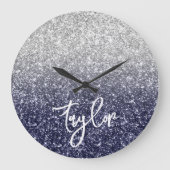 Sparkly Luxury Silver Navy Glitter Ombre Grote Klok (Voorkant)