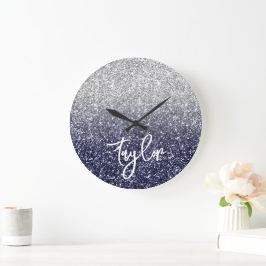 Sparkly Luxury Silver Navy Glitter Ombre Grote Klok (Huis)