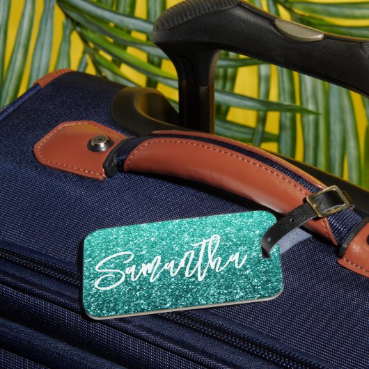 Sparkly Luxury Turquoise Blauwgroen Ombre Glitter Bagagelabel (Voorkant Insitu 3)