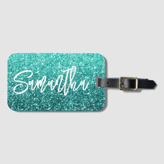Sparkly Luxury Turquoise Blauwgroen Ombre Glitter Bagagelabel (Voorkant (horizontaal))