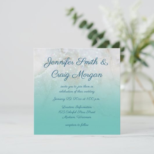 Sparkly Marble Blauwgroen Ombre Wedding Kaart (Staand voorkant)
