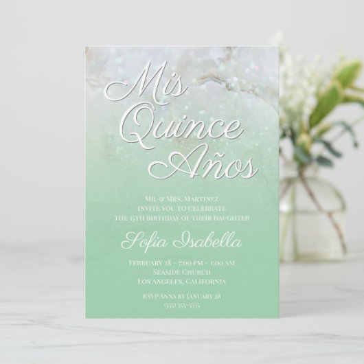 Sparkly Marble Mint Green Ombre Quince Años Kaart (Staand voorkant)