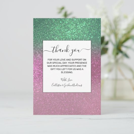 Sparkly Mermaid Green Berry Pink Glitter Ombre Bedankkaart (Staand voorkant)