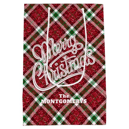 Sparkly Merry Christmas Plaid  Medium Cadeauzakje (Achterkant)