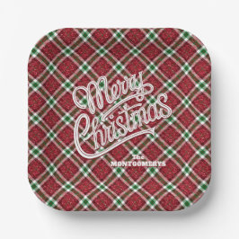 Sparkly Merry Christmas Plaid Square Papieren Bordje