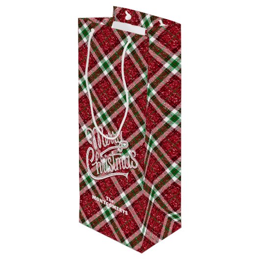 Sparkly Merry Christmas Plaid  Wijn Cadeautas (Achterkant Gekanteld)