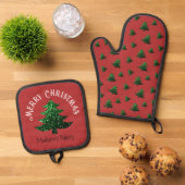 Sparkly Merry Christmas tree Aangepaste naam Ovenwant & Pannenlap Set (Top down)