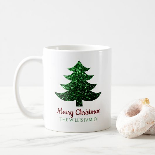 Sparkly Merry Christmas tree groen Familienaam Koffiemok (Met donut)