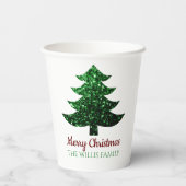 Sparkly Merry Christmas tree groen Familienaam Papieren Bekers (Achterkant)