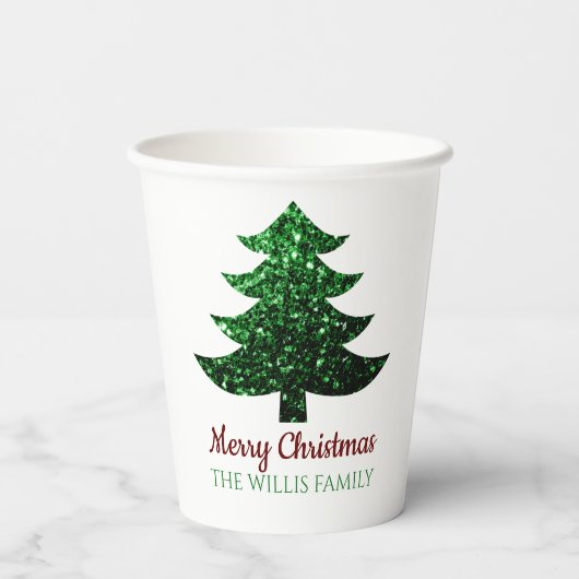 Sparkly Merry Christmas tree groen Familienaam Papieren Bekers (Achterkant)