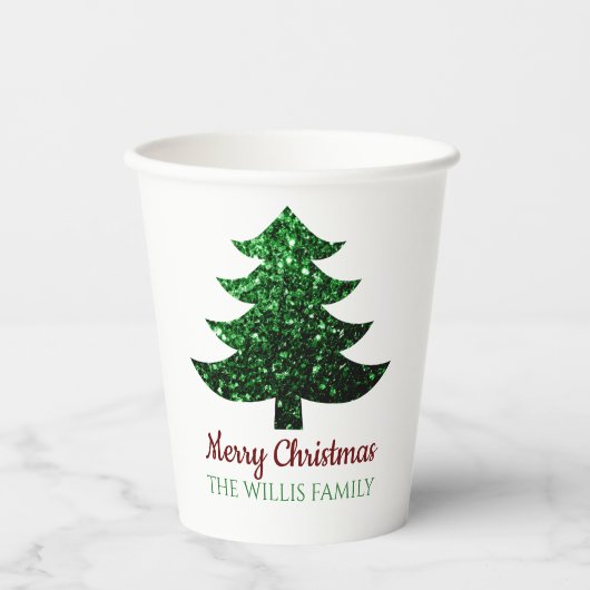 Sparkly Merry Christmas tree groen Familienaam Papieren Bekers (Voorkant)