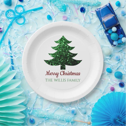 Sparkly Merry Christmas tree groen Familienaam Papieren Bordje (Feest)