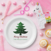 Sparkly Merry Christmas tree groen Familienaam Papieren Bordje (Feest)