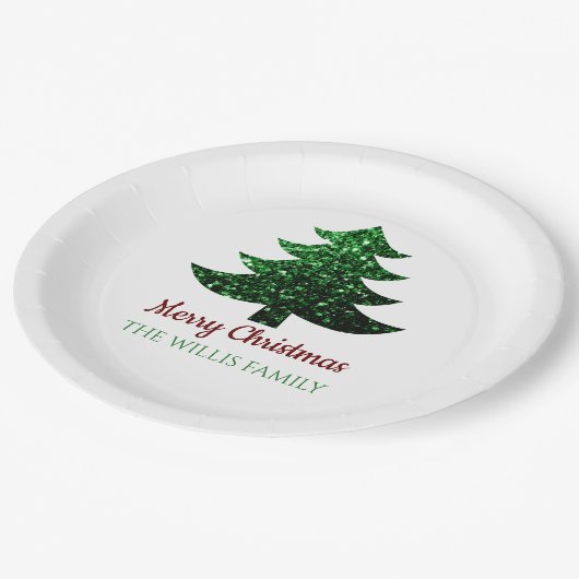 Sparkly Merry Christmas tree groen Familienaam Papieren Bordje (Gekanteld)