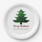 Sparkly Merry Christmas tree groen Familienaam Papieren Bordje (Voorkant)