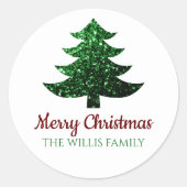 Sparkly Merry Christmas tree groen Familienaam Ronde Sticker (Voorkant)