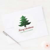 Sparkly Merry Christmas tree groen Familienaam Ronde Sticker (Envelop)