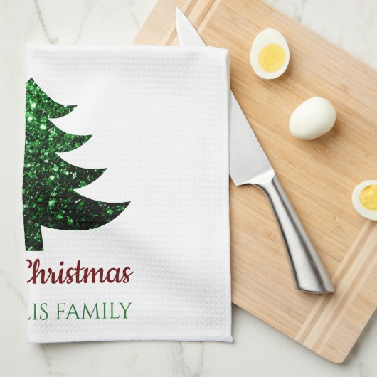 Sparkly Merry Christmas tree groen Familienaam Theedoek (Quarter Fold)